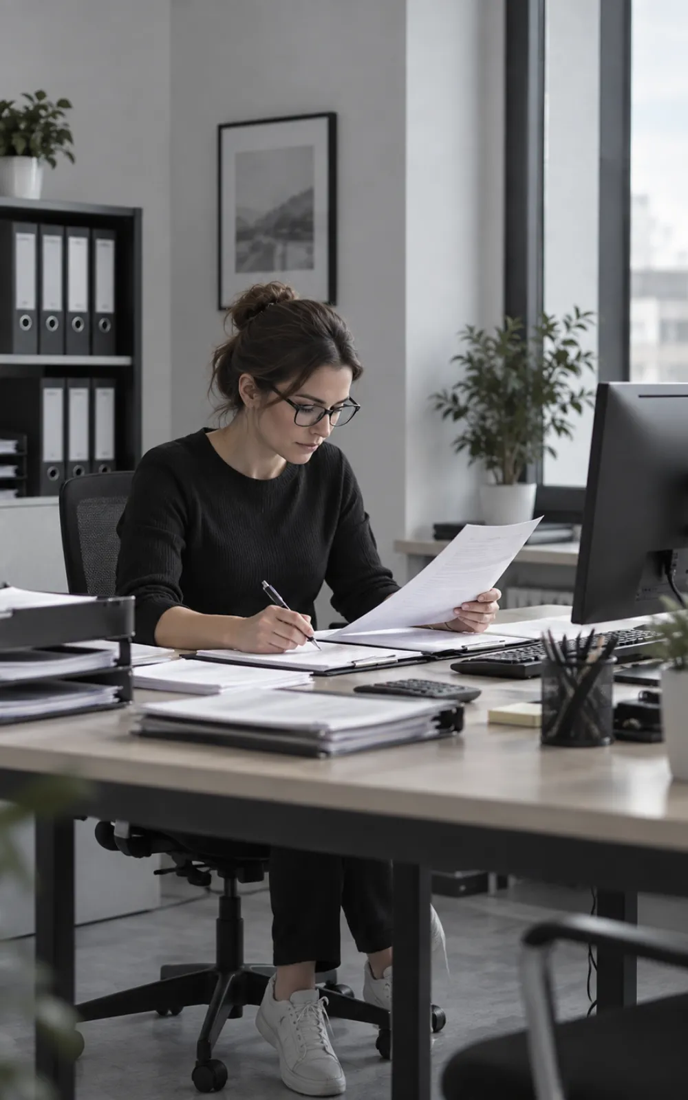Une conseillère relit et annote des documents administratifs à son bureau